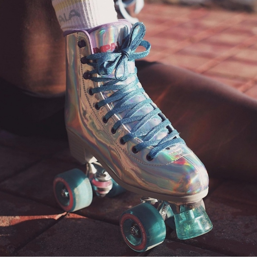 Holographic Impala Roller Skates with Blue Laces